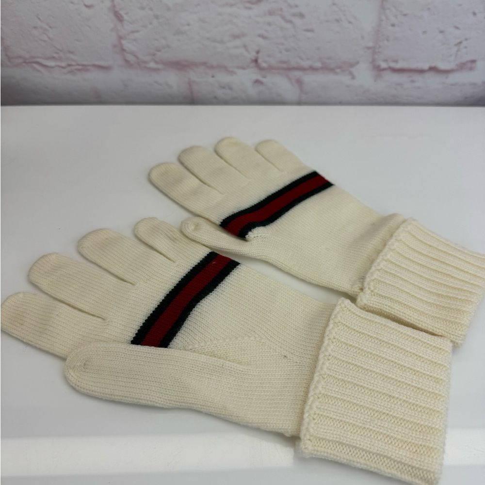 Gucci Lambs Wool Cream Knit Web Stripe Gloves Medium - Picture 2 of 8